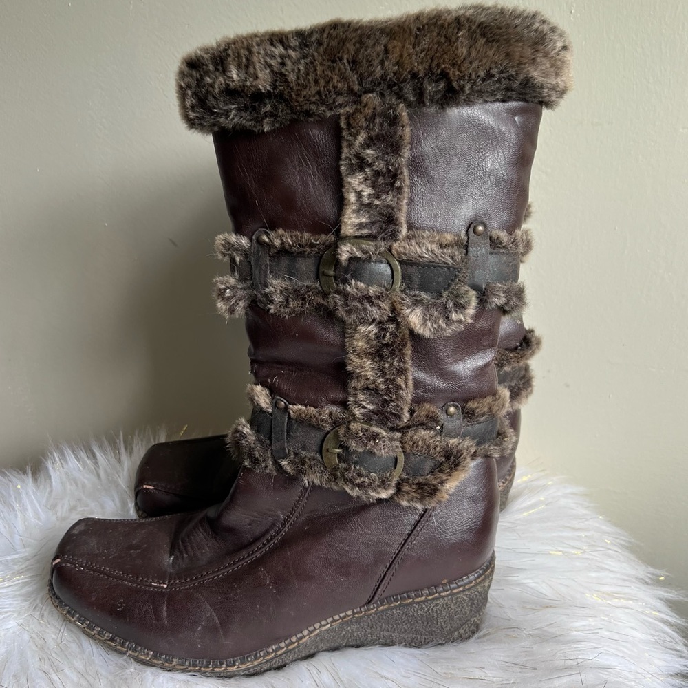 DPN Collection brown fur lined wedge boots shoes 10M